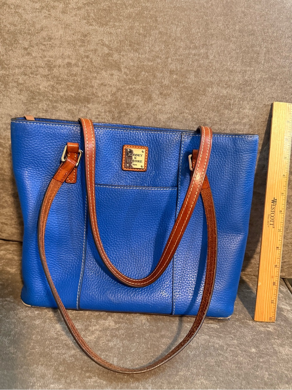 Dooney & Bourke Royal Blue Pebbled Leather Shoulder Tote with Brown Straps